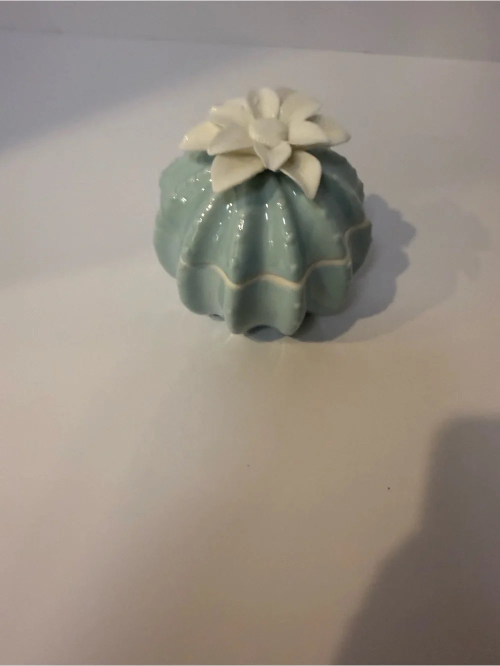 Glossy Pale Aqua Ceramic Trinket Box with White Flower Lid